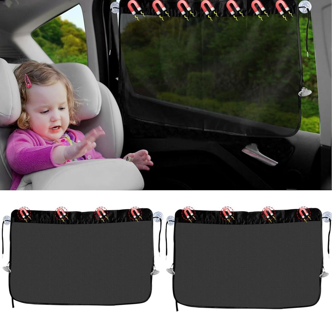 Pack of 2 Ovege Car Window Shades for Baby 2pcs Side Window Sun Shade for Car Window Screen Universal Suction Cup with String-Slide to Open (Mesh,Magnetic &Suction Cup) (Mesh,3 Suction Cup)