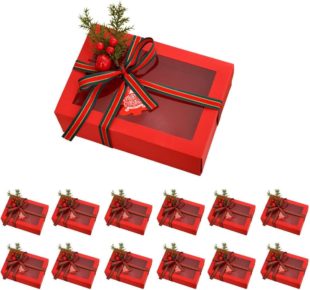 TIMBLESSING 12 Pack Christmas Gift Boxes with Clear Window, Red Christmas Gift Boxes with Ribbon, Pine Sprigs & Berry Decorations for Holiday Wrapping, 8.7x5.9x2.8 Inch (RED)