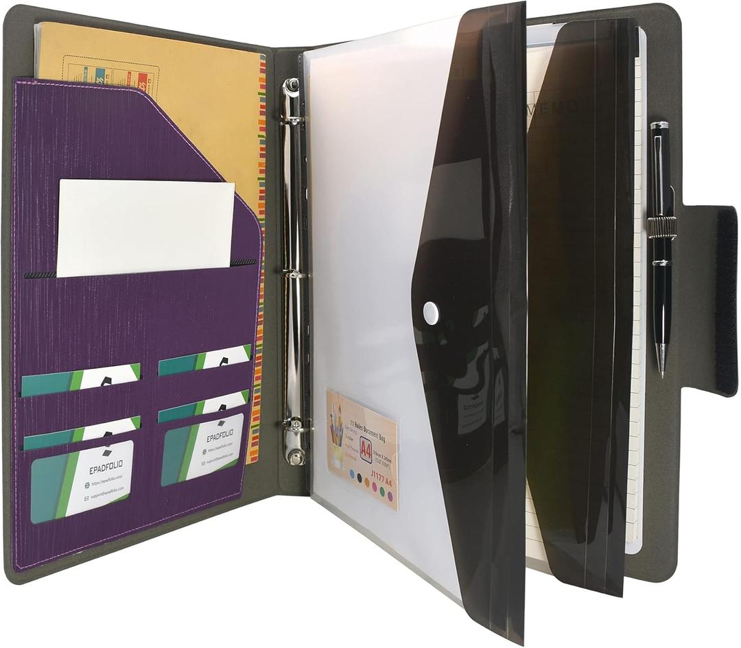 3-Ring Binder Padfolio with Whiteboard Clipboard and Expanded Document Bag, Padfolio Ring Binder Business Organizer Portfolio Case (Purple)