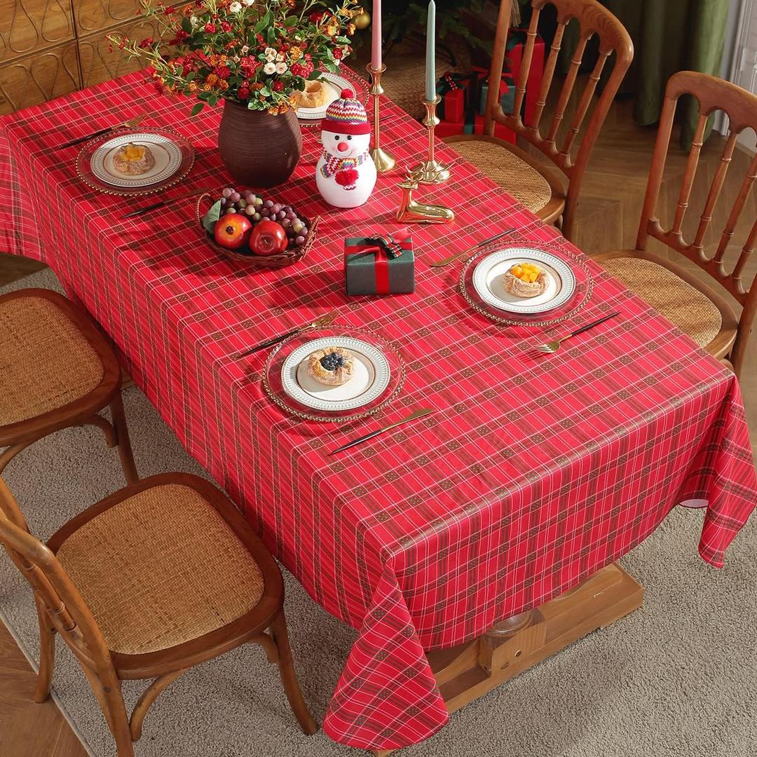 SASTYBALE Christmas Vinyl Table Cloth with Flannel Backing Checkered Plaid Plastic Tablecloth Waterproof & Oil Proof Wipeable Table Covers for Winter, Xmas Holiday (Red, 52"x70"(4-6 Seats))