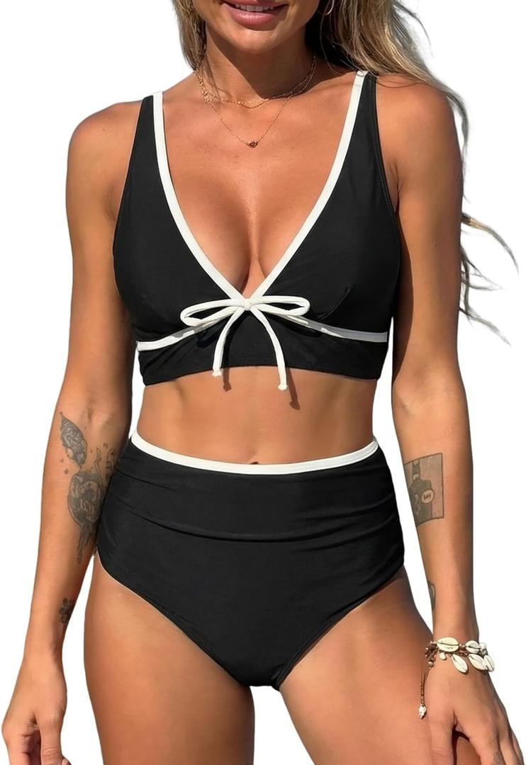 ZAFUL Womens High Waisted Bikini Sets Sexy V Neck Two Piece Swimsuit Cute Bow Ruched Bathing Suit (Black, L)