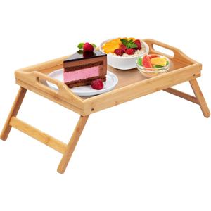 Breakfast Bed Tray for Eating - Foldable Food Laptop Table - Portable Bamboo Raised Serving Tray - Snack Platter with Folding Legs, Eating for Bedroom, Picnic, Sofa Brown