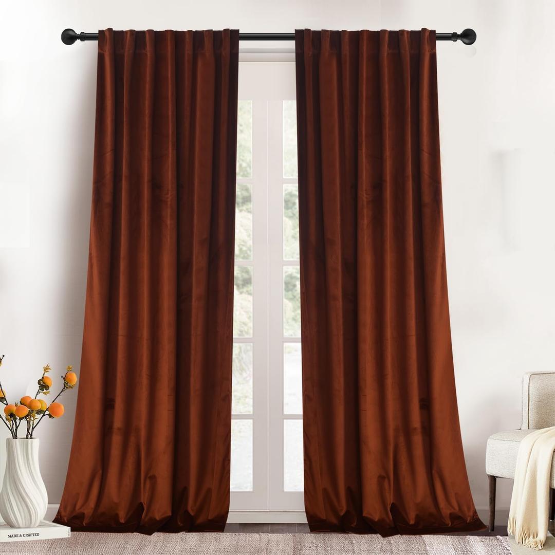Roslynwood Luxury Soft Rust Velvet Curtains 90 inches Long Back Tab Thermal Insulated Blackout Window Drapes for Living Room/Bedroom/Dining Room, W52 x L90, 2 Panels