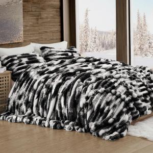 Wonderful Fluffy Faux Rabbit Fur Comforter Set Queen Size, Striped Stitching Tie-Dye Black Plush Fuzzy Bedding Set 3 Pieces, Warm Soft Comforter Bedding Set for Winter, 90"x90"