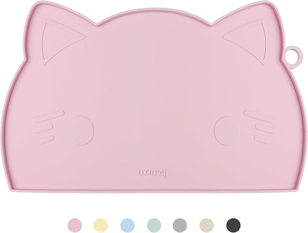 Coomazy Cat Food & Water Mat, Thicker Non-Slip Silicone Mat with Raised Edge (Pink, Medium)