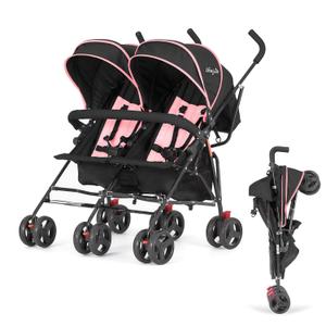 Dream On Me Volgo Twin Baby Stroller, Lightweight Side-by-Side Double Umbrella Stroller with Adjustable Canopy, 5-Point Harness, Storage Basket & Travel-Friendly Fold Pink