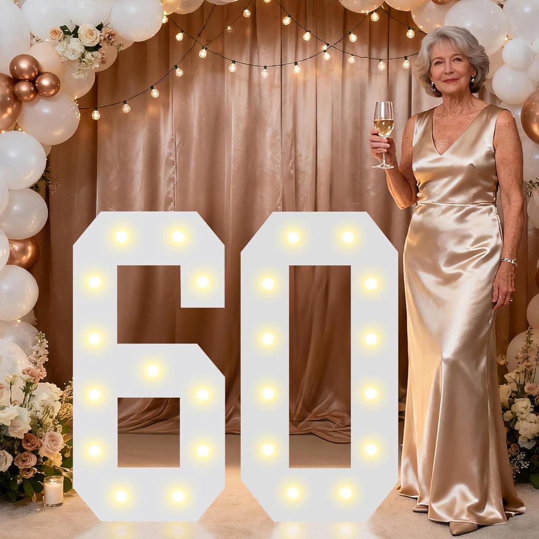 Pooqla 2.4FT Light Up Numbers for 60th Birthday Gifts for Women Men, Marquee Numbers 2.4 Feet Tall Party Decor for Her Him, Mosaic Big Sign for 60th Birthday Decoration Backdrop, Large Number 60