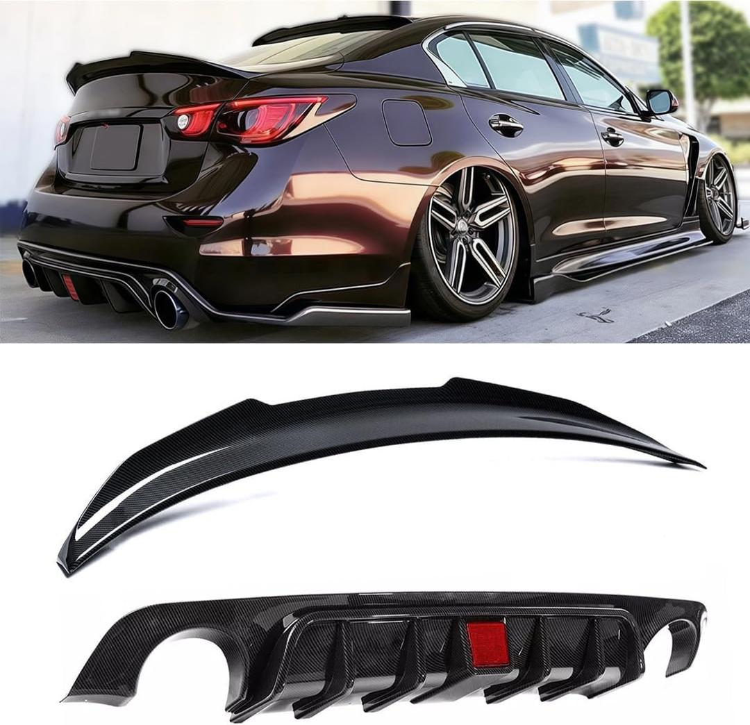 Duckbill Rear Spoiler & Rear Diffuser Compatible with Infiniti Q50 2018-2024 Sedan, Carbon Fiber Pattern Sport Style Trunk Wing Lip and Rear Bumper Splitter Kit