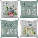 2 x Fall Throw Pillow Covers 18x18 Autumn Give Thanks Pillow Case Set of 4 Hello Pumpkin Happy Harvest Thanksgiving Outdoor Cushion Cases for Sofa Couch (Blue)