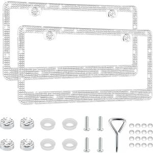 GaRhomxy Bling License Plate Frames for Women, 2 Pack Handcrafted Sparkly Rhinestone Car Accessories, Premium Stainless Steel Frame with 1000+ Faceted Glass Crystals & Free Glitter Caps (White)