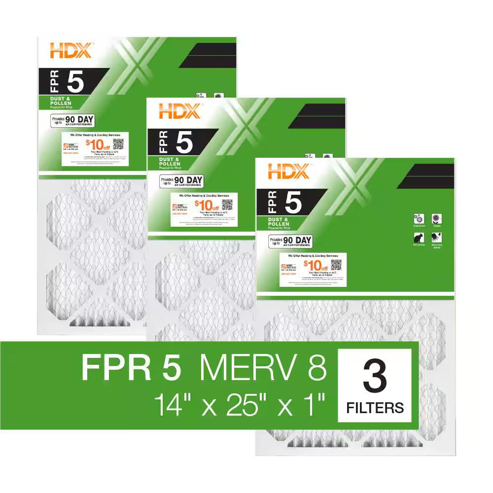 14 x 25 x 1 Standard Pleated Air Filter FPR 5, 3-Pack, Air Filters Replacement