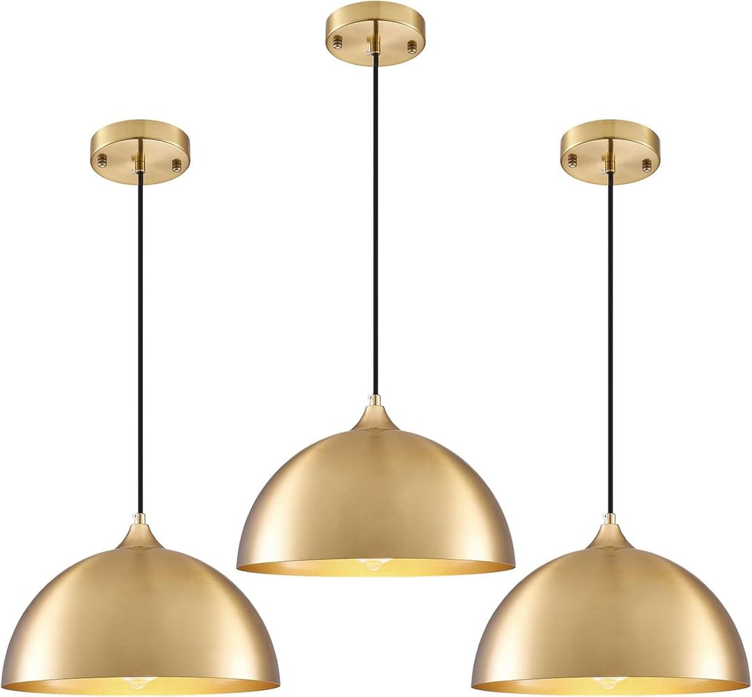 Gold Pendant Light 11.8", Industrial Dome Pendant Lights with Gold Interior, Adjustable Farmhouse Hanging Light for Kitchen Island Dining Room Bedroom Restaurant, 3 Pack