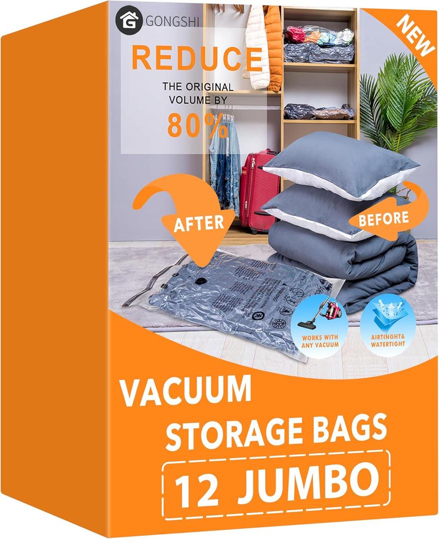 GONGSHI Vacuum Storage Bags, Space Saver Seal Bags For Clothing, Travel Luggage, Blankets, Comforters, Pillows, Clothes Storage, 12 Jumbo