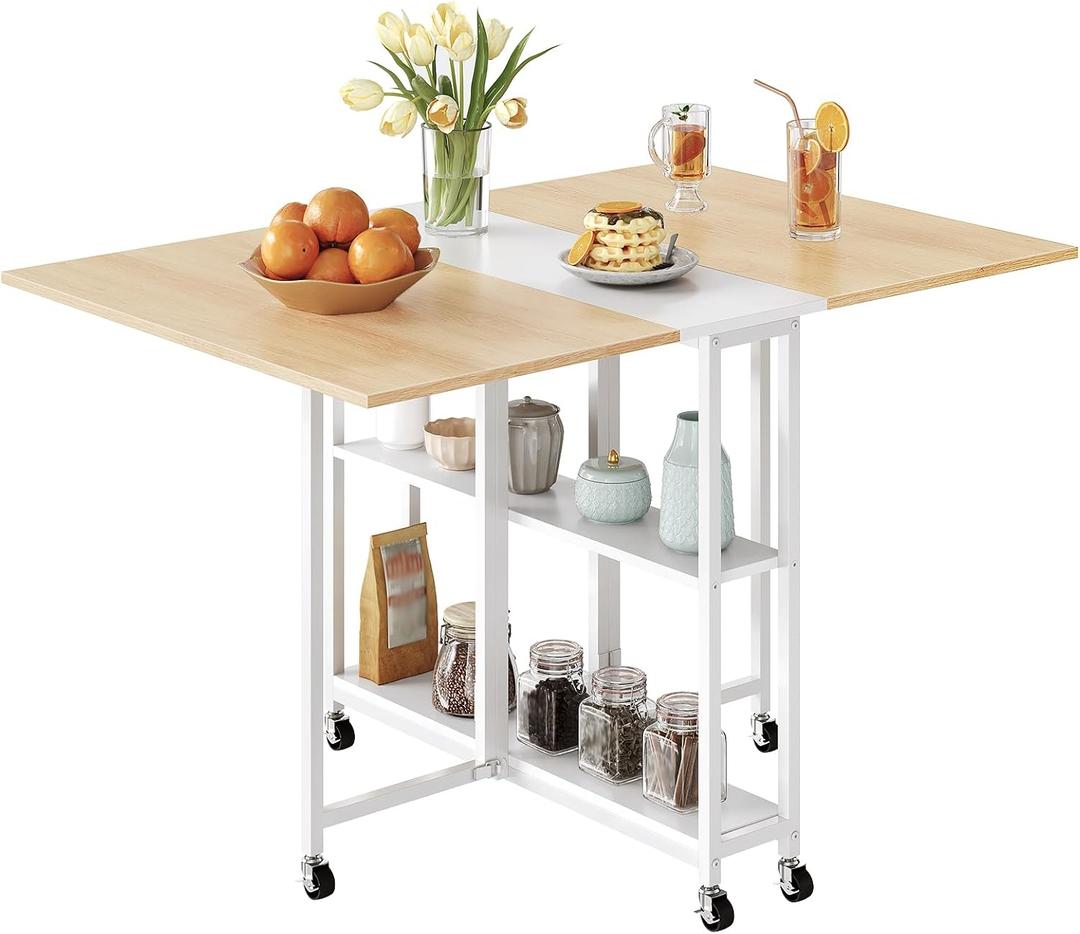 Folding Dining Table, Movable Dining Table, Kitchen Table for Small Space, Foldable and Expandable Desk Furniture with 6 Wheels, for Dining, Living Room, Apartment, White and Natural TCZ01WN, 47.4"L x 31.5"W x 30.1"H