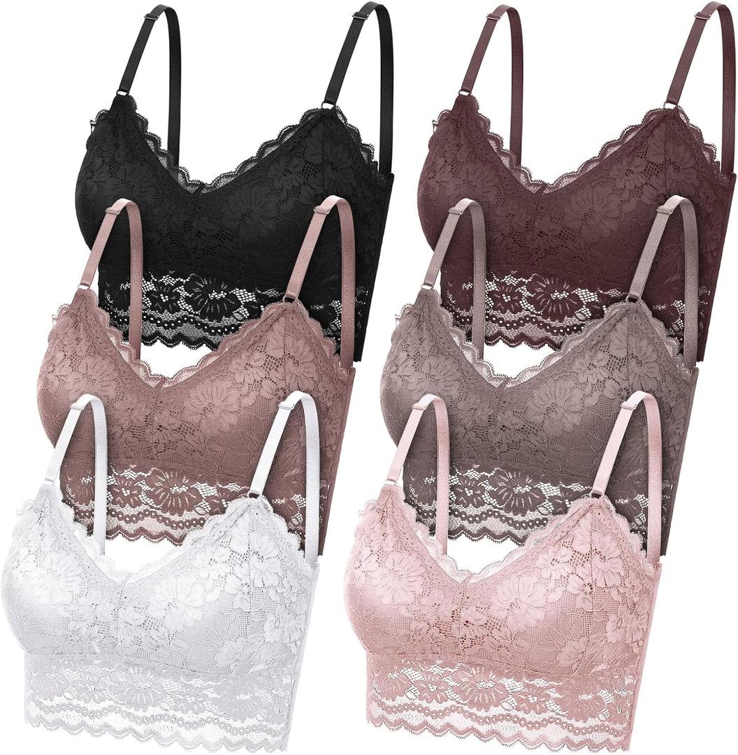 Geyoga Women's Lace Cami Top, Wireless Bralette Floral Non Padded Bandeau Bras with Straps (X-Large, Black, White, Bean Paste, Light Pink, Mocha, Dark Bean Paste)