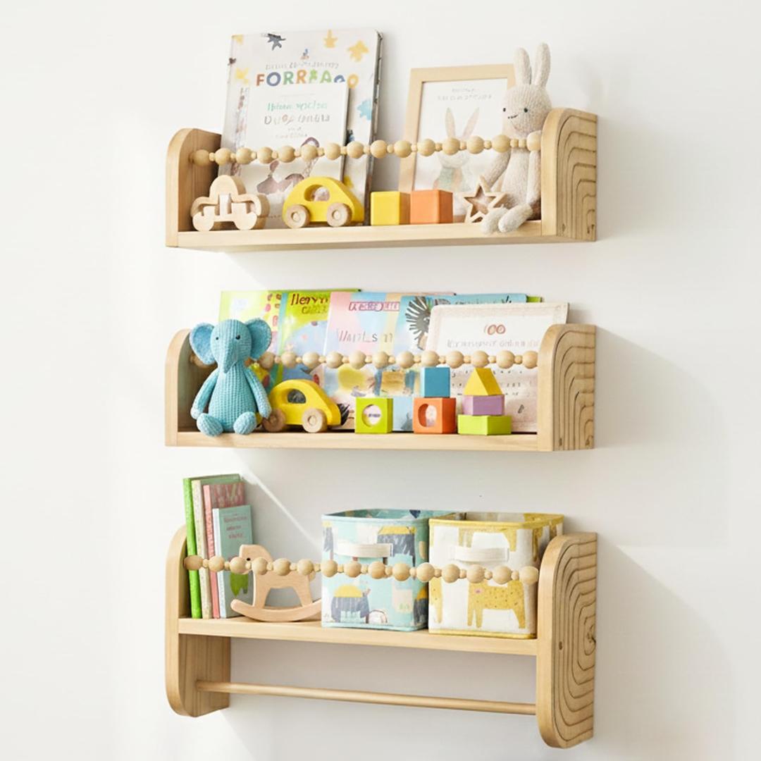 SAG's store Floating Nursery Shelves - Set of 3 Natural Wood Wall-Mounted Bookshelves for Kids Room, Baby Room, Nursery Decor - 15.7" Wide, Solid Wood Shelves for Books, Toys, and Decor Storage