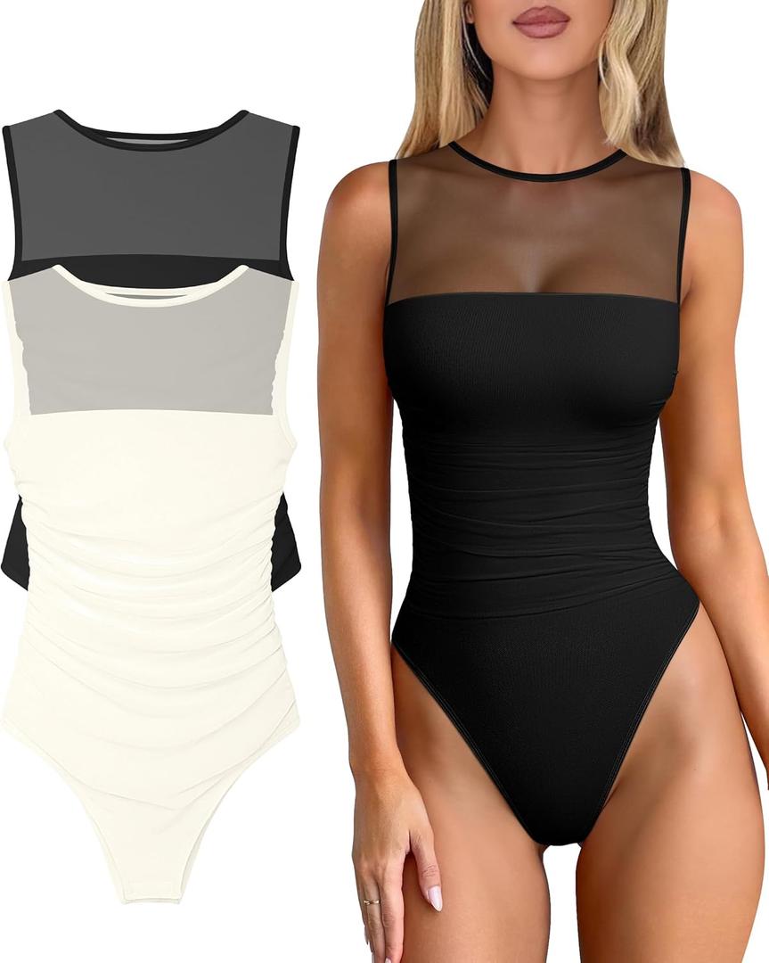 OQQ Women 2 Piece Bodysuit Mesh Ruched Sleeveless Turtle Neck Shapewear Body Suits One Piece Leotard Shirt Going Out Tops (Medium, Black,Beige)