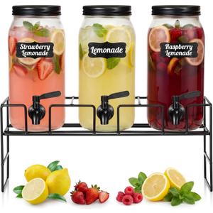 3 Pack 80 oz Glass Beverage Dispenser with Stand Clear Mason Jar Water Dispenser for Party, Fridge Includes Leakproof Stainless Steel Spigot, Black Lid and Label(Black)