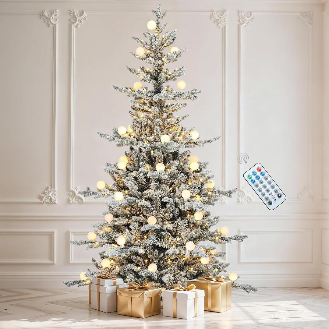 DWVO 6ft Prelit Flocked Aspen Fir Christmas Tree with Bulbs and Lights, Full Artificial Xmas Tree with 1336 Metal Hinged PE & PVC Flame Resistant Branches, 46 Bulbs and 270 Lights Remote Controlled