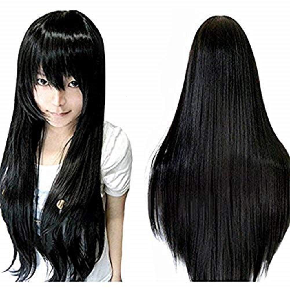 ANOGOL Hair Cap+32Inch/80cm Long Straight Black Wig Cosplay Synthetic Wig Long Black Wig with Bangs Peluca Negra Cosplay Wig for Halloween Anime Hair for Women Costume Party