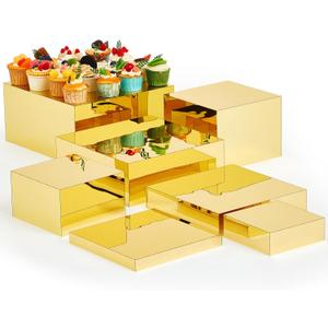 Leinuosen 7 Pcs Large Buffet Risers Set 6" to 12" Acrylic Display Box Catering Dessert Table Riser Food Display Decorative Stand with Hollow Bottom for Catering Supplies(Gold, Square)