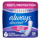 Always Discreet Adult Incontinence Pads for Women, Ultimate Extra Absorbency, Long Length, Postpartum Pads, 104 Count (4 Packs of 26)