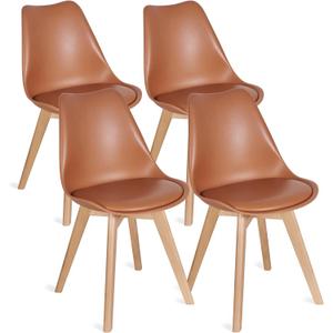 VECELO Dining Chairs Set of 4, Mid-Century Modern Kitchen & Dining Room Chairs, PU Leather Upholstered Seat, Solid Wood Legs, Armless, Non-Slip Feet, Orange