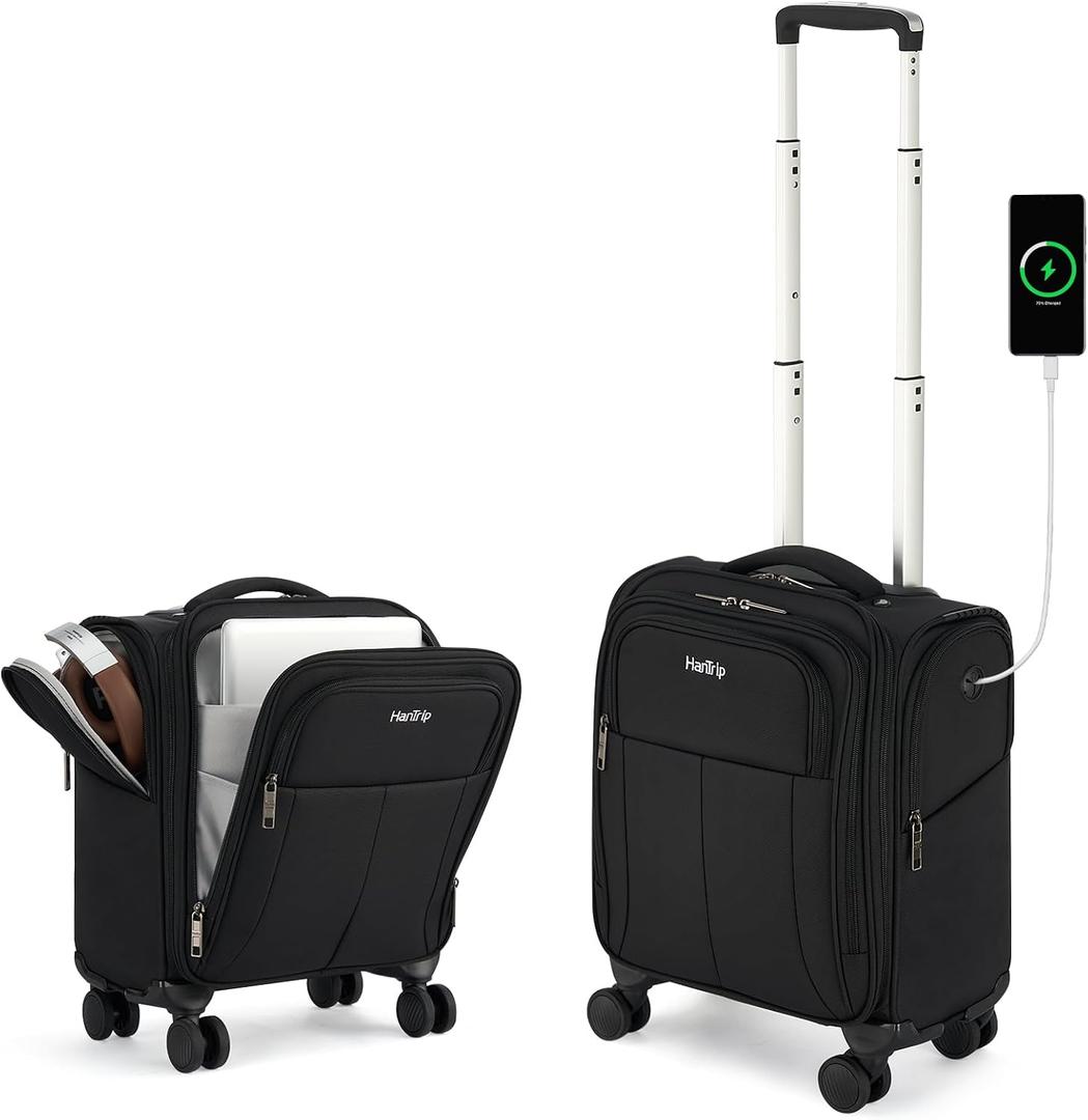 HanTrip 16 Inch Underseat Carry On Luggage with Wheels Softside Small Suitcases Personal Item Bag with Pocket Travel Luggage for Men Women Business Overnight Bag(Black)