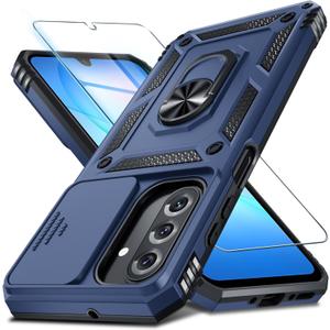 Janmitta Compatible with Samsung Galaxy A17 5G Case Built in Slide Camera Lens Cover+Screen Protector+Finger Ring Holder Kickstand,Heavy Duty Shockproof Full Body Phone Cover,Blue