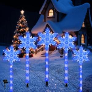 Snowflake Solar Christmas Pathway Lights, Set of 5 LED Outdoor Stake Lights, Waterproof Christmas Decorations for Garden, Yard, Lawn, Walkway, Patio Decor (5pcs Blue)