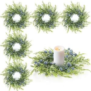 6 Pcs Mini Christmas Wreaths Winter Candle Rings Artificial Blueberry Candle Wreaths for Pillars Rustic Wedding Farmhouse Wreath Table Centerpiece Decoration for Cabinet Kitchen Front Door Home Decor