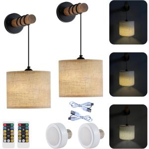 XSDeTu Rechargeable Battery Operated Wall Sconces Set of 2, Modern Battery Powered Wall Light with Wooden Arm & Remote Control, Adjustable 3 Colors Dimmable Wall Lamps for Bedroom, Living Room (9.4 Inch-2 Pack)