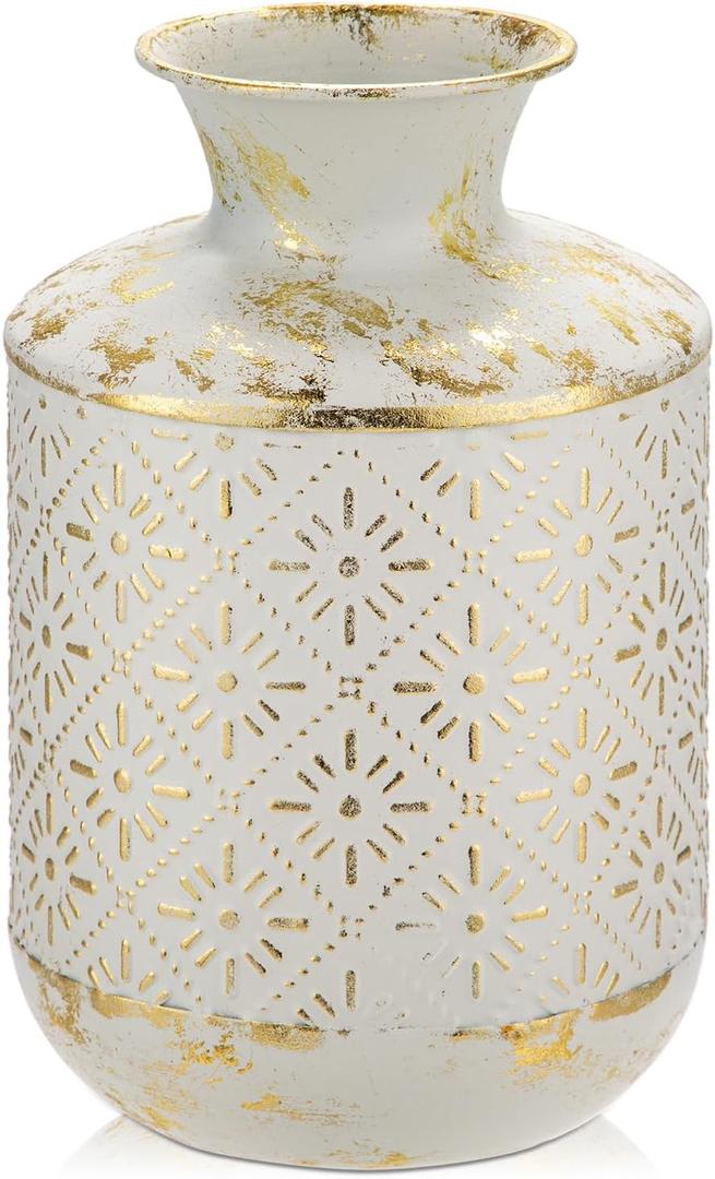Flower Vase Rustic Metal Vase, 10.2" Vintage White and Gold Distressed Vase for Farmhouse Home Dcor Artificial Flowers and Centerpieces