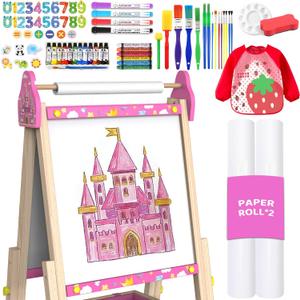 Art Easel for Kids Easel for Toddlers,Adjustable Standing Wooden Toddler Easels White Board & Chalkboard for Kids,Paint Art Easel for Kids 2-4 4-8 9-12 Painting Easels Birthday Gift (Pink)