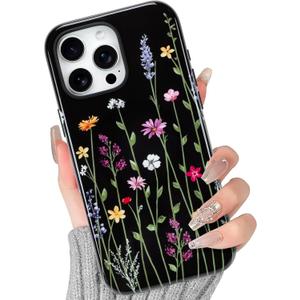 BITOBE Case for iPhone 16 Pro [Compatible with MagSafe] Floral Flowers Design Bold Protective Phone Cover Magnetic Cute Trendy Case for Women Girls - Black Floral