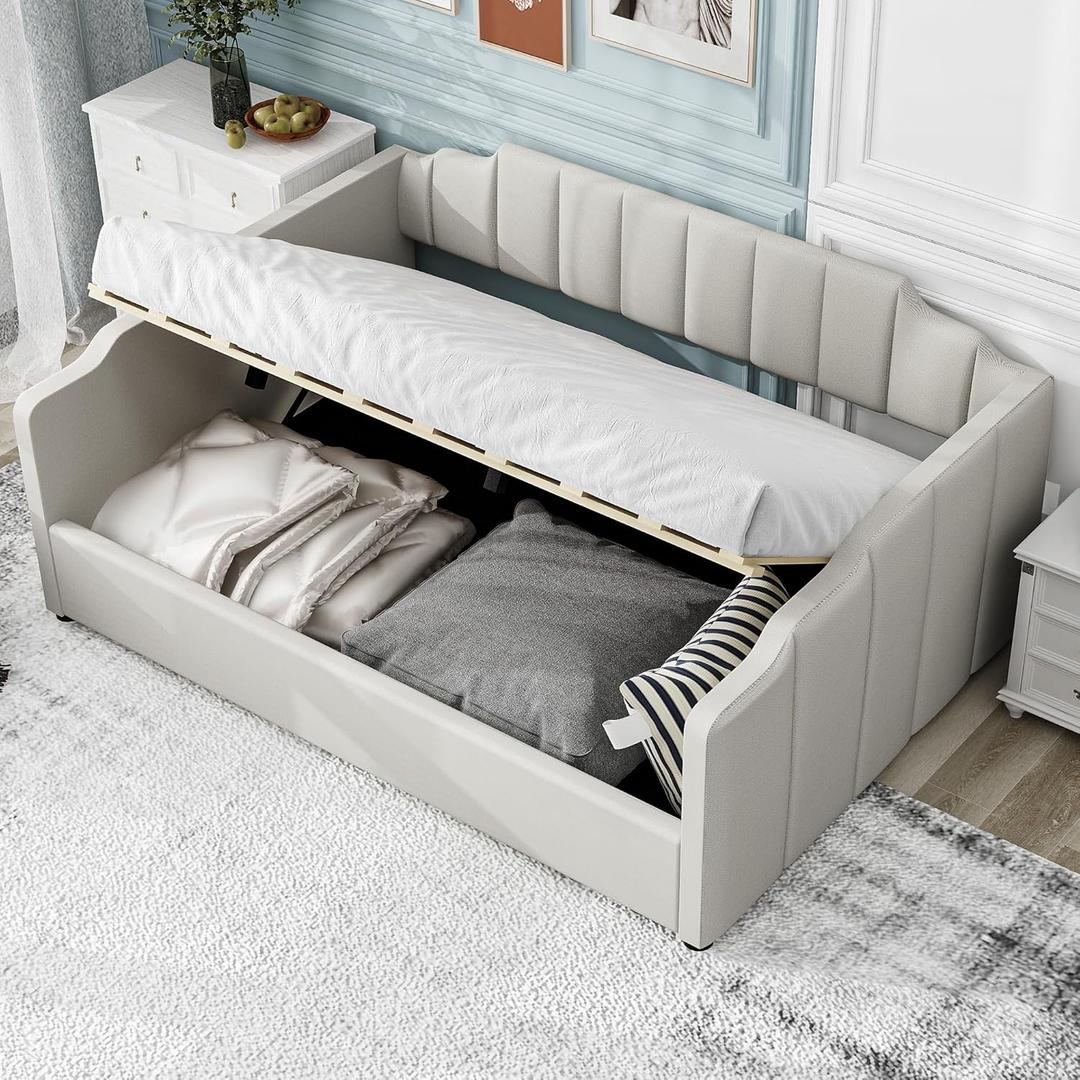 Merax Full Size Upholstered Daybed, Sofa Bed Frame with Underneath Storage, Space-Saving Corner Day Bed for Living Room Bedroom & Guest Room, No Box Spring Needed, Beige