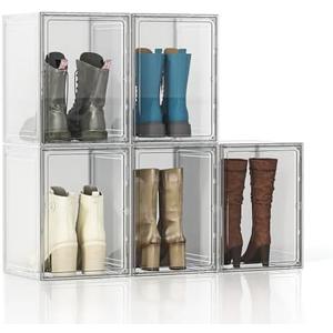 Tall Boot Storage Box 5 Pack Super Large Boot Storage Organizer for Closet, Boots Container Holder Rack, Display Case with Magnetic Door for Shoe, Helmets, Figures, 11x12.6x16.53 inch, White