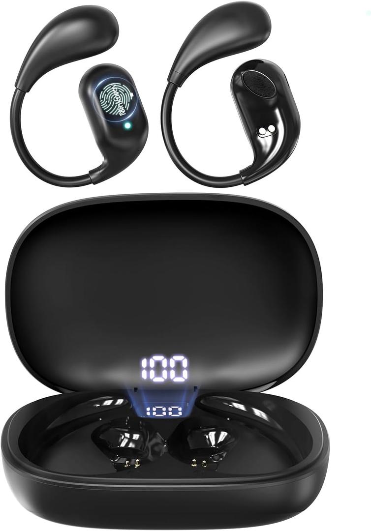 Open Ear Headphones, Over Ear Earbuds Bluetooth 5.3 with LED Digital Display, 34H Play Time, IP54 Waterproof, Lightweight Design Running Headphones for Sports and Fitness (Black)