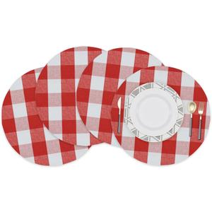 Red & White Round Placemat Buffalo Check Plaid Gingham 15 Inch eco-Friendly Fabric Handcrafted Machine Washable Indoor & Outdoor Tablemat Set of 4