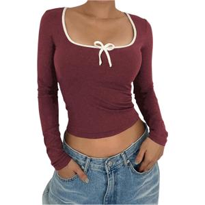 Verdusa Women's Color Block Scoop Neck Bow Decor Long Sleeve Casual T Shirts (X-Large, Burgundy)