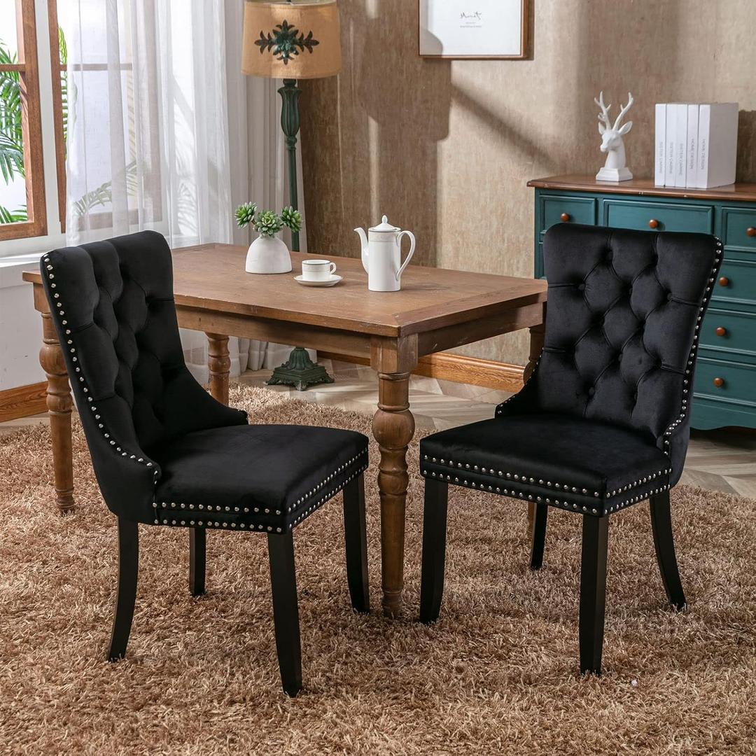 Bellemave Modern Upholstered Dining Chairs Set of 2, 2 Velvet Kitchen Dining Room Chairs with Nailhead Trim for for Living Room, Bedroom,(Black, Wood Legs)