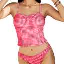 ZAFUL 2025 Tankini Swimsuits for Women Mesh Hollow-Out Tank Style Bow Knotted Decor Tie Side High Cut Tankini Set(2-Pink, M)
