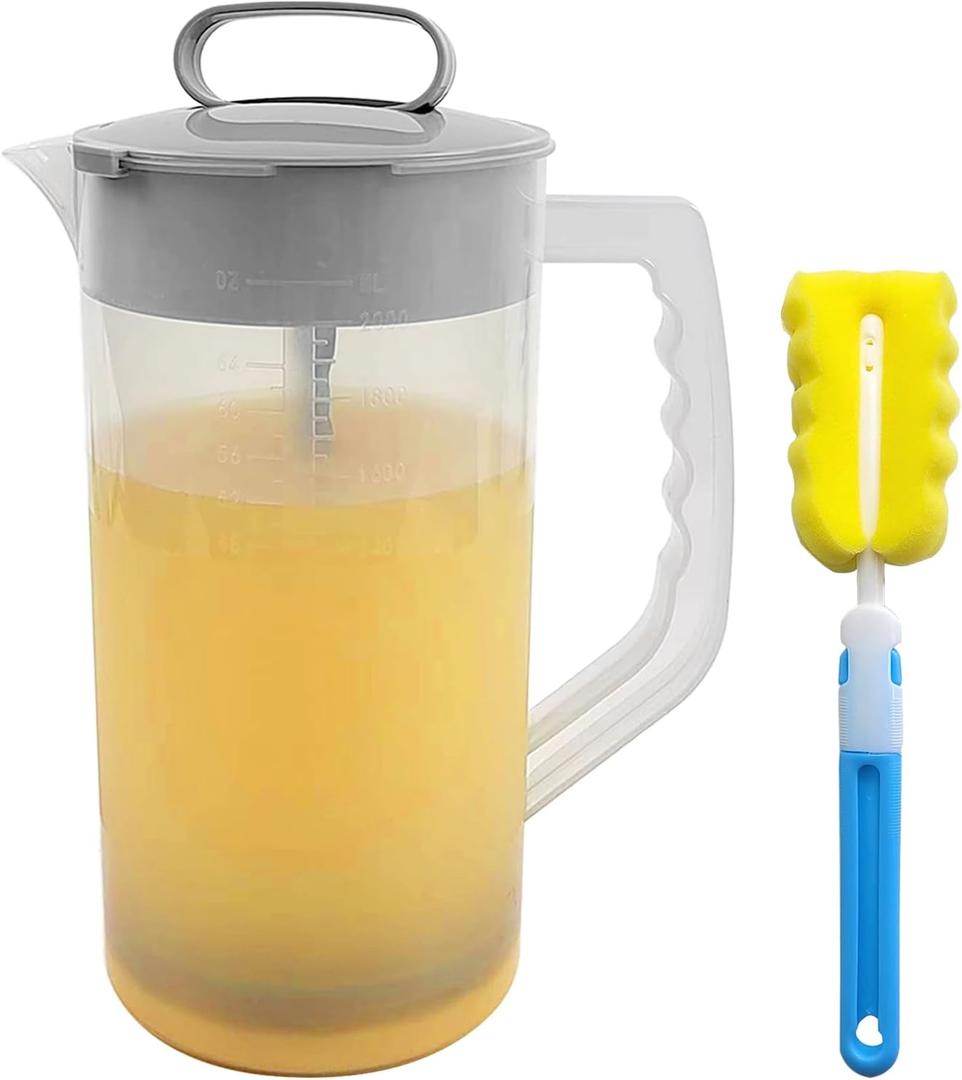 1 Pack Mixing Pitcher for Drink, 2 Quart/ 64oz Plastic Water Pitcher with Lid and Clean Sponge Brush, Angled Plastic Blades and Adjustable Mixer Plunger for Juice, Milk, Beverage Container