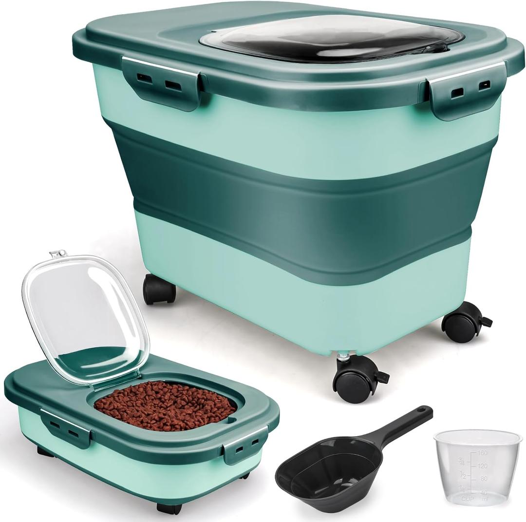 Viretec Dog Food Storage Container, 10-20Lbs Collapsible Pet Food Storage Containers with Rolling Wheel Airtight Locking Lid, Dry Food Storage Bin with Cup and Scoop,Suitable for Pet Food, Flour, Rice (Green)