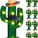 Fiesta Mexican Party Decoration LED Cactus Light with Mini Sombrero Straw Hats and Fake Beard Cinco De Mayo May 5th Table Decor Mexican Party Supplies for Fiesta Taco Table Room Bedroom Decor(24 Pcs)