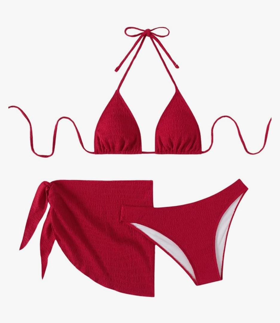 SHENHE Women's 3 Piece Textured High Cut Halter Triangle Bikini Swimsuit with Cover Up, Medium