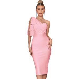 Mesh One Shoulder Bow Bodycon Midi Graduation Birthday Dinner Dress Bandage Party Dress (Medium)