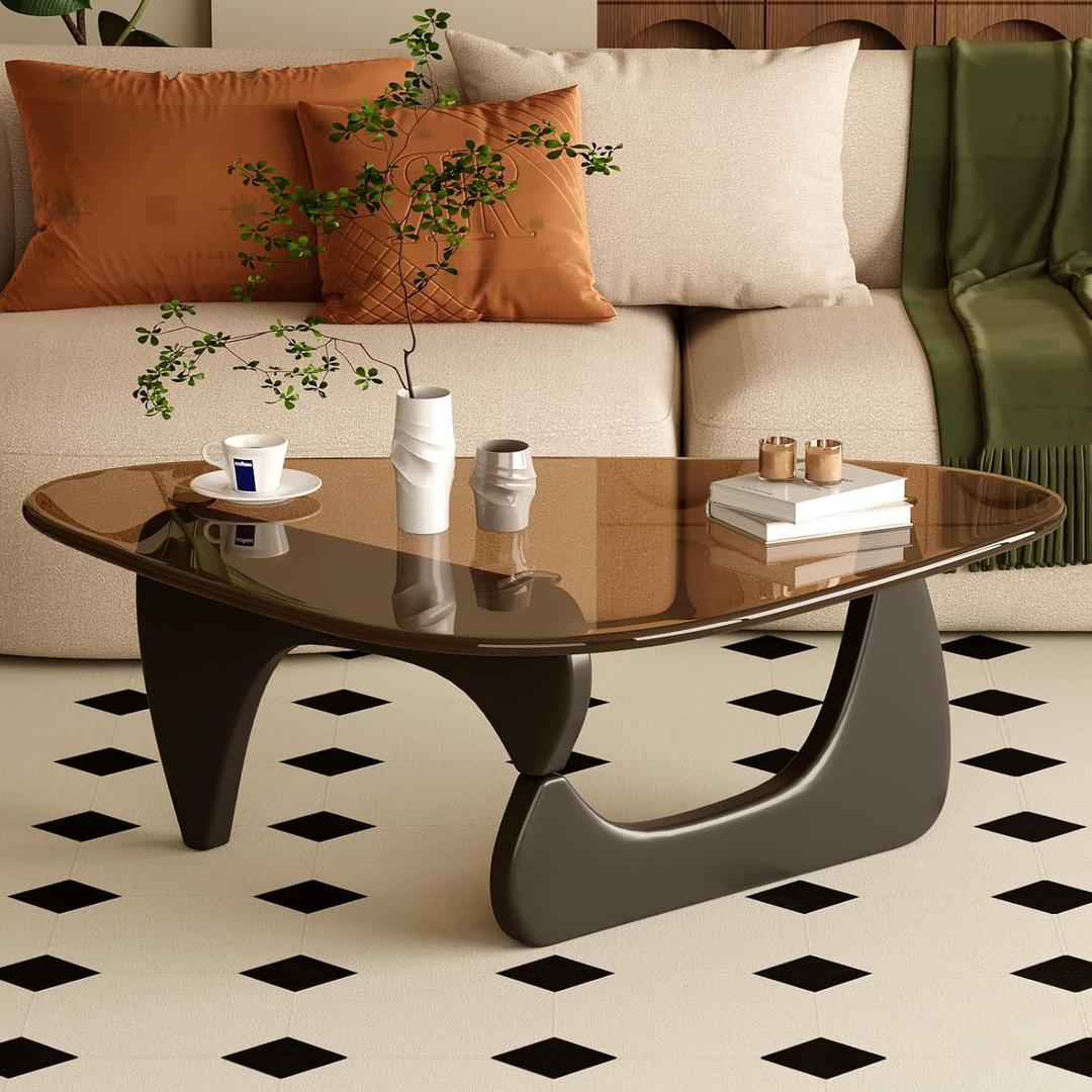 Coffee Table for Living Room Mid Century Modern Center Table with Glass Top and Wood, Brown/Black, 32 Inch