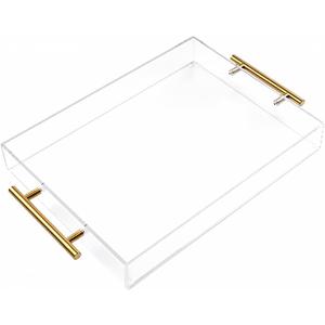 12"x12" Clear Acrylic Serving Tray with Golden Handles, Sturdy Huge Capacity Acrylic Trays for Coffee, Juice, Kitchen and Desk Organizer, Storage Tray