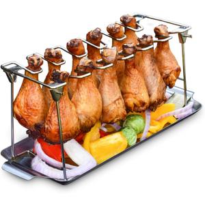 Chicken Leg Rack for Grill with Drip Tray - Easy to Use 12 Slots Chicken Wing Rack - Premium Stainless Steel Chicken Drumstick Rack for Smoker - Chicken Drumstick Holder for Grill Accessories
